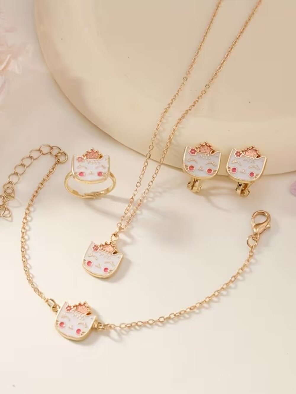 DEAL  💲1⃣▶▶Cute Jewelry Set -Pink & Gold Necklace,Bracelet,Ring, Earrings